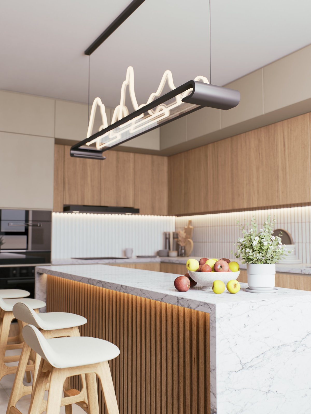 A modern kitchen renovation in Geelong with wooden cabinetry and a stone benchtop