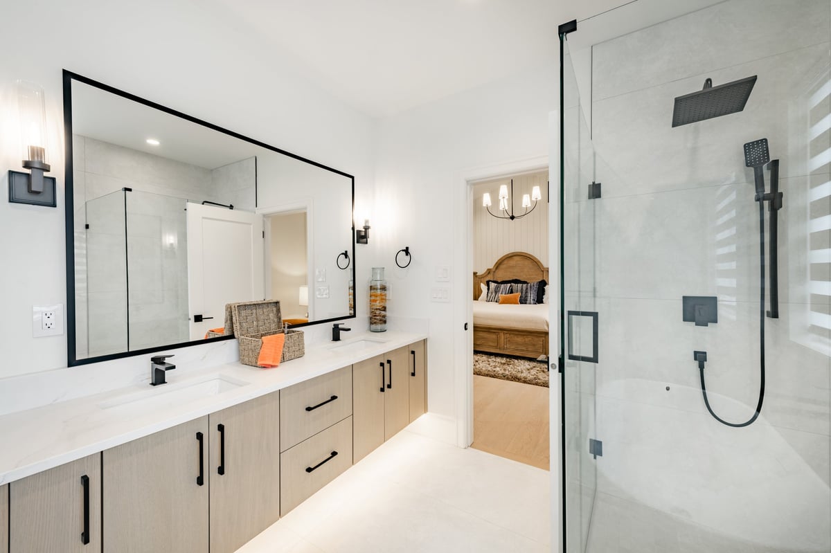 A finished bathroom renovation in Geelong with quality tiling and fixtures by Morrissey Built