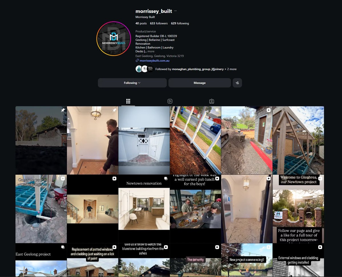 Morrissey Built Instagram profile grid showing recent Geelong renovation and construction photos