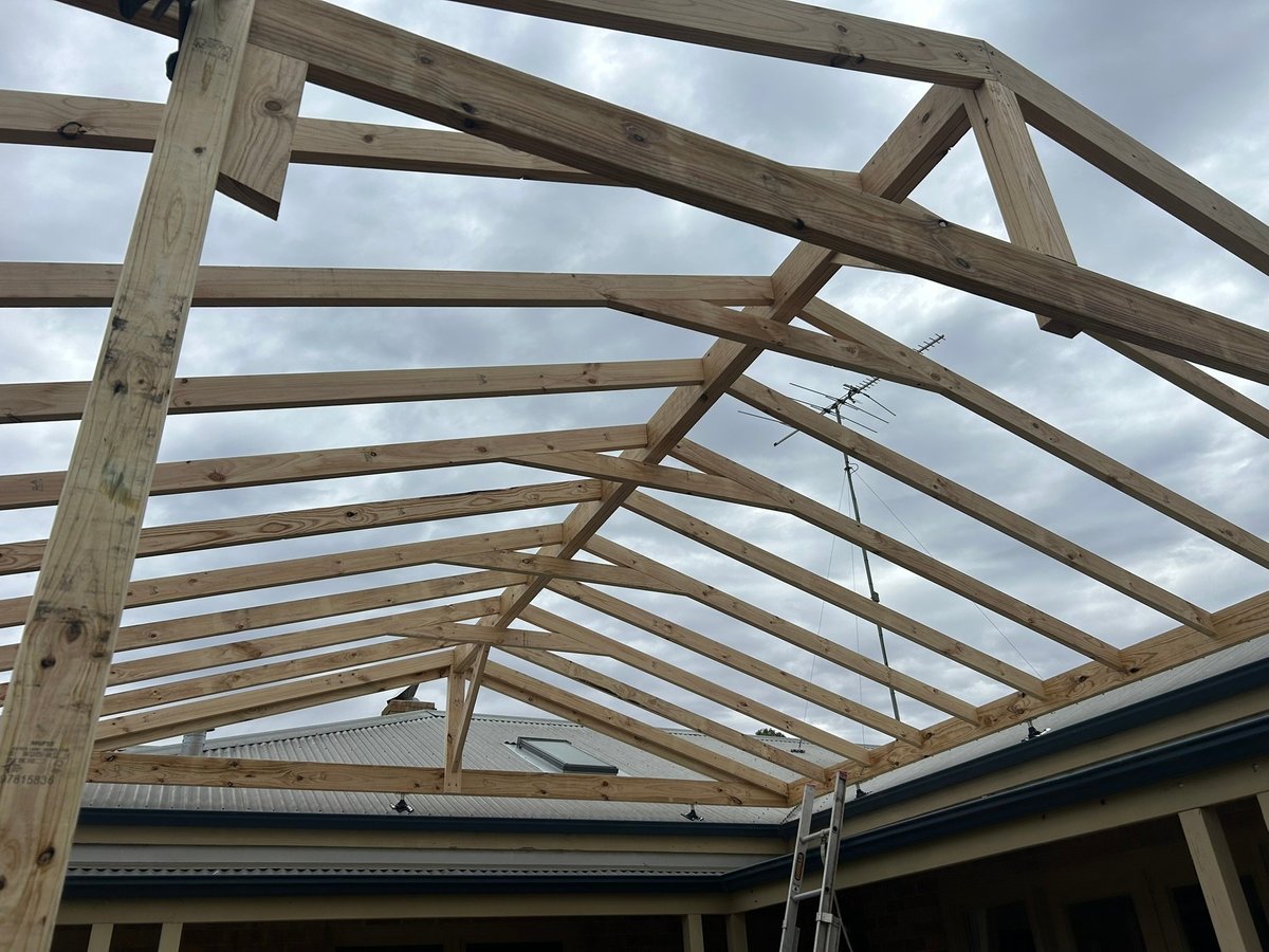 Exposed roof trusses during construction of the Highton extension